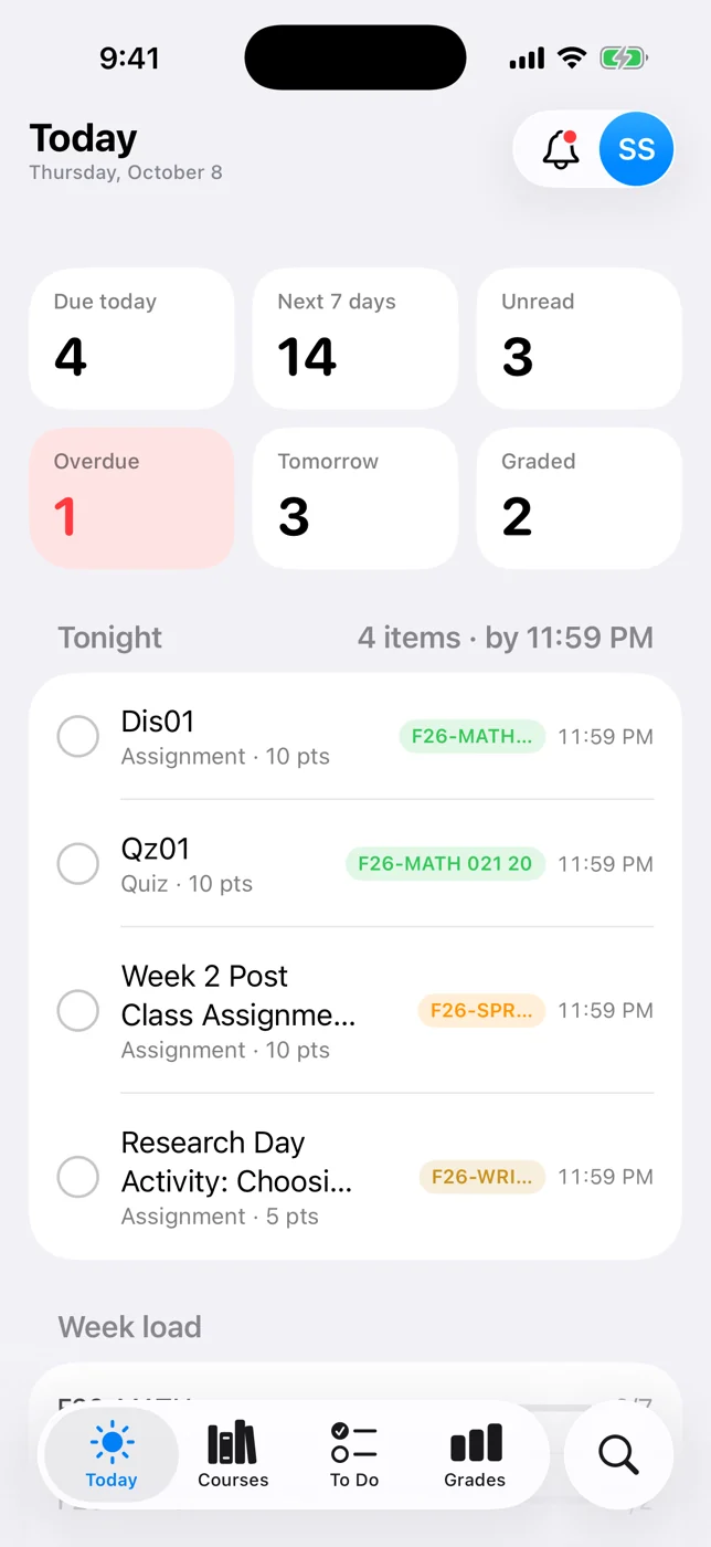 Simpl for iPhone’s Today screen: counters for what’s due and what’s new, and the work coming up next.