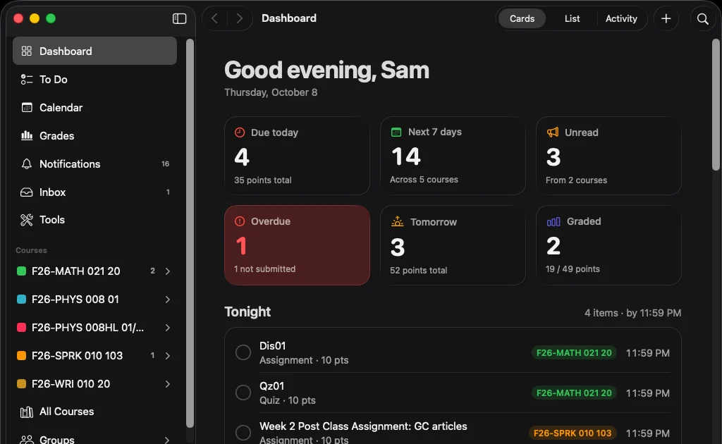 Simpl for Mac in dark mode: a sidebar of places and courses, and the dashboard’s counters and tonight’s work.