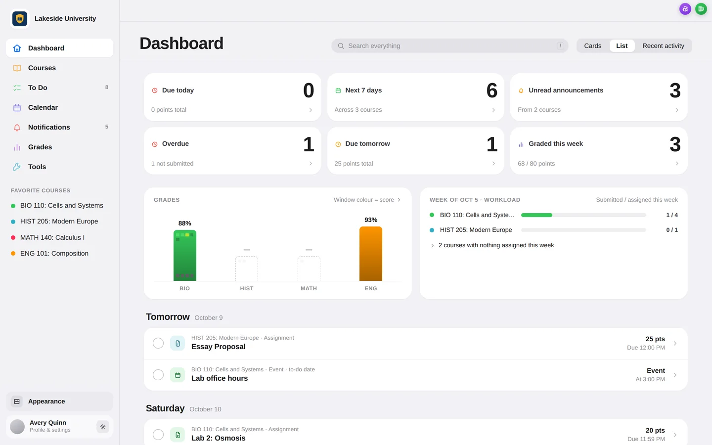 Simpl on a Brightspace site: the same dashboard, with each course’s grade, the week’s workload and the work coming up.