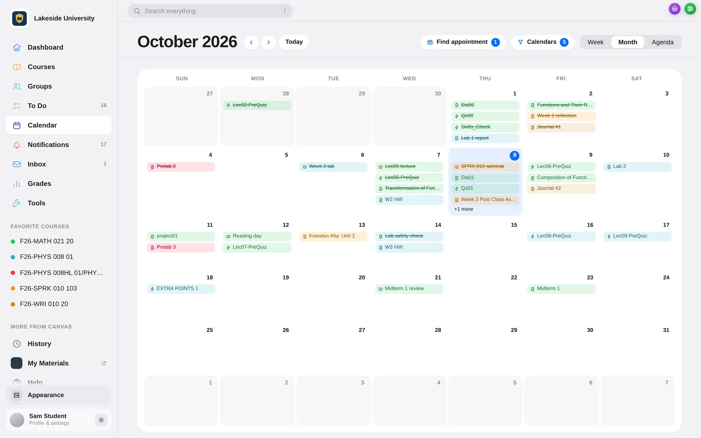 Simpl’s calendar for October: each day’s assignments and quizzes, coloured by course, with finished work crossed off.