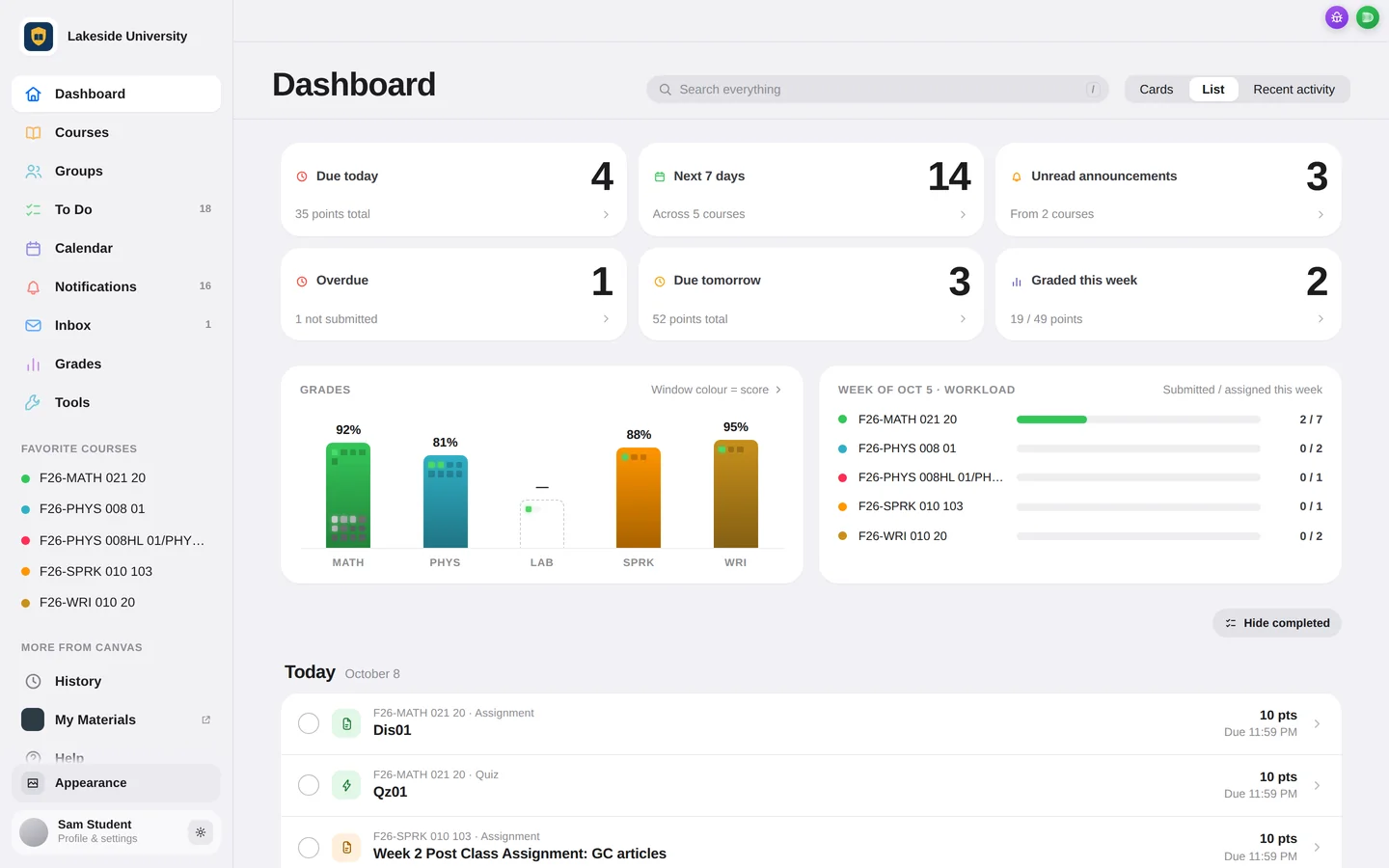 The Simpl dashboard in Safari: what’s due today, the next seven days, what’s overdue and what was graded, each course’s grade and the week’s workload, and today’s work in one list.