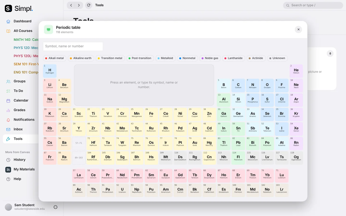 The periodic table tool open over the Tools page: all 118 elements coloured by kind, with a search box.