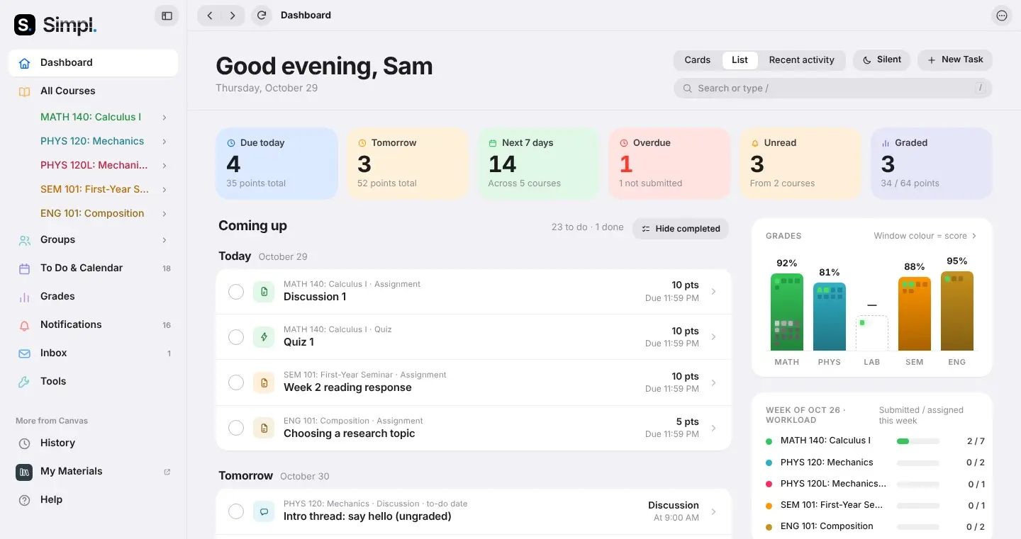 Silent mode: the Dashboard gives way to only what’s next — “Discussion 1” in large white type on black, due in 2 hours, the four after it below — and the next item is struck out.